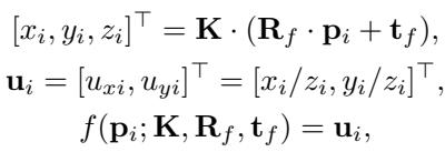 Equation for projecting 3D points to 2D pixels.