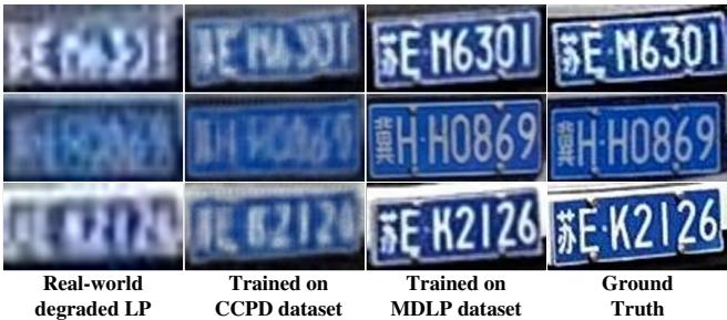 Comparison of results from training LP-Diff using the CCPD dataset (synthetic) and our MDLP (real-world) dataset.
