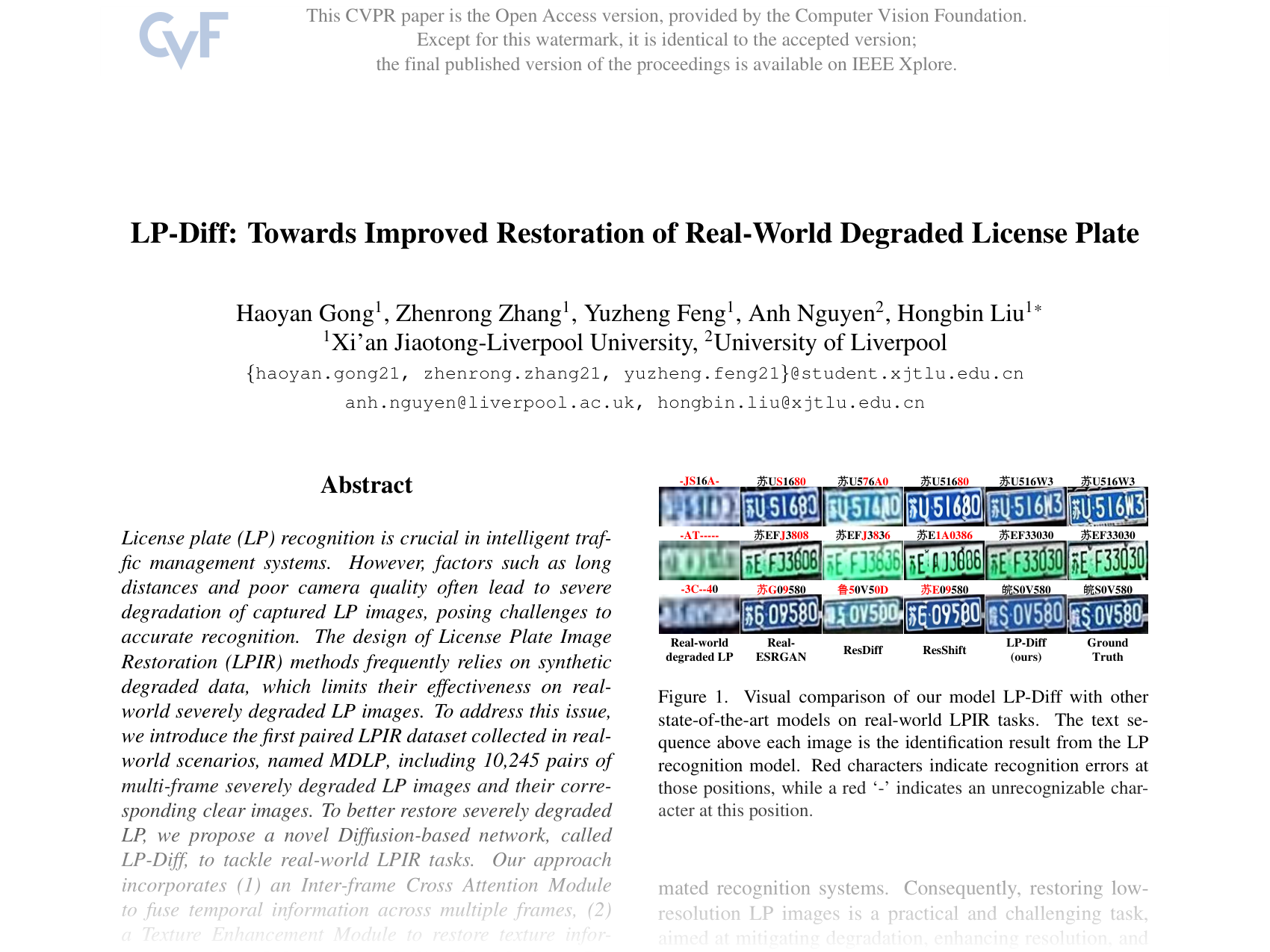 [LP-Diff: Towards Improved Restoration of Real-World Degraded License Plate 🔗](https://openaccess.thecvf.com/content/CVPR2025/papers/Gong_LP-Diff_Towards_Improved_Restoration_of_Real-World_Degraded_License_Plate_CVPR_2025_paper.pdf)