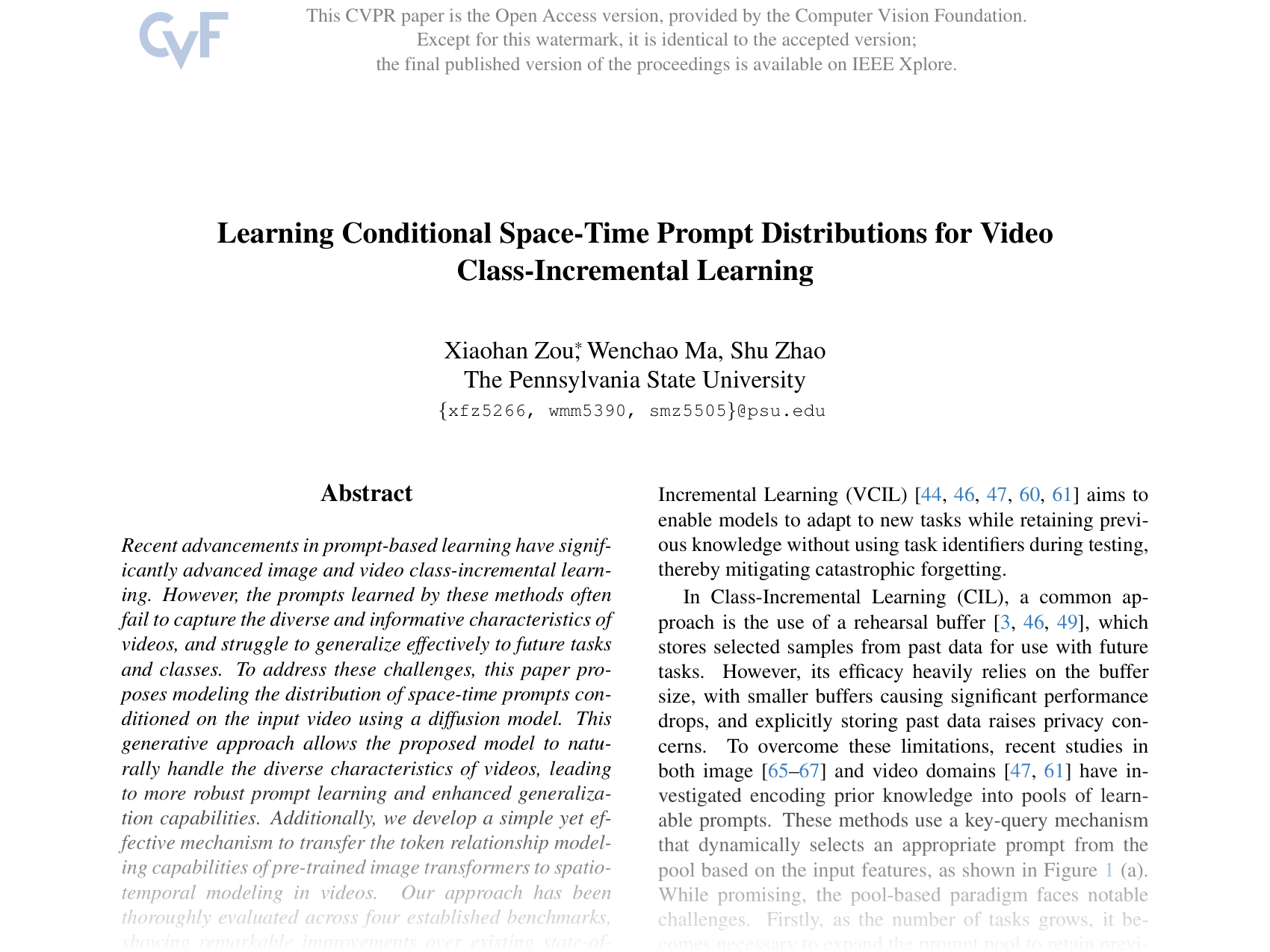 [Learning Conditional Space-Time Prompt Distributions for Video Class-Incremental Learning 🔗](https://openaccess.thecvf.com/content/CVPR2025/papers/Zou_Learning_Conditional_Space-Time_Prompt_Distributions_for_Video_Class-Incremental_Learning_CVPR_2025_paper.pdf)