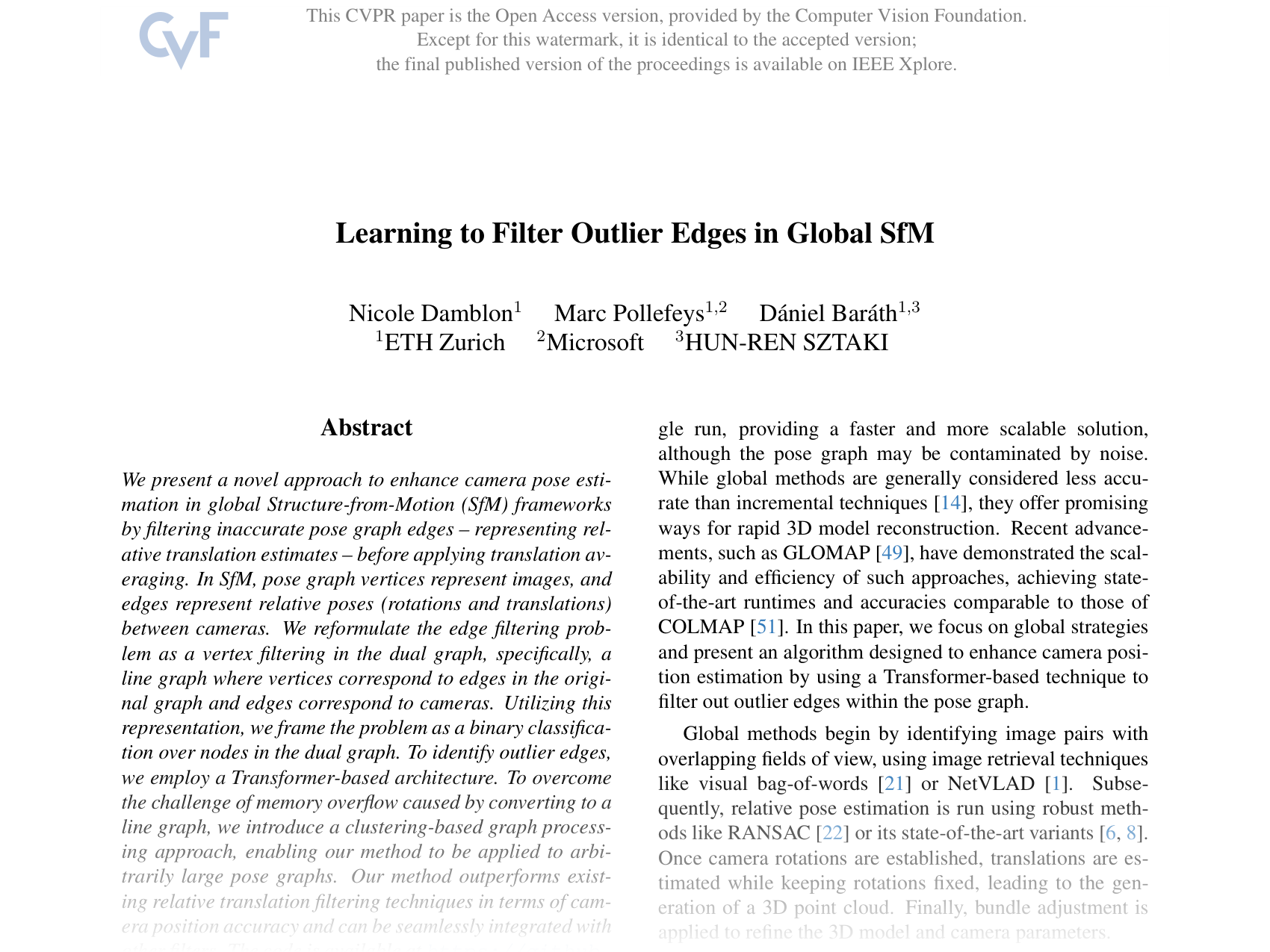 [Learning to Filter Outlier Edges in Global SfM 🔗](https://openaccess.thecvf.com/content/CVPR2025/papers/Damblon_Learning_to_Filter_Outlier_Edges_in_Global_SfM_CVPR_2025_paper.pdf)