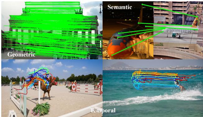 MATCHA for matching anything. We visualize geometric, semantic and temporal correspondences established by MATCHA, using a single feature descriptor.