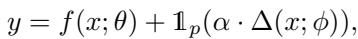 Standard PEFT equation showing a binary indicator and scaling factor.