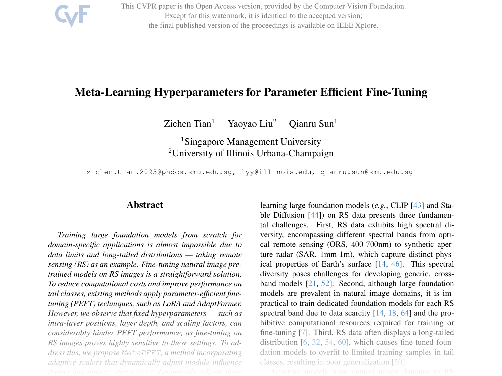 [Meta-Learning Hyperparameters for Parameter Efficient Fine-Tuning 🔗](https://openaccess.thecvf.com/content/CVPR2025/papers/Tian_Meta-Learning_Hyperparameters_for_Parameter_Efficient_Fine-Tuning_CVPR_2025_paper.pdf)