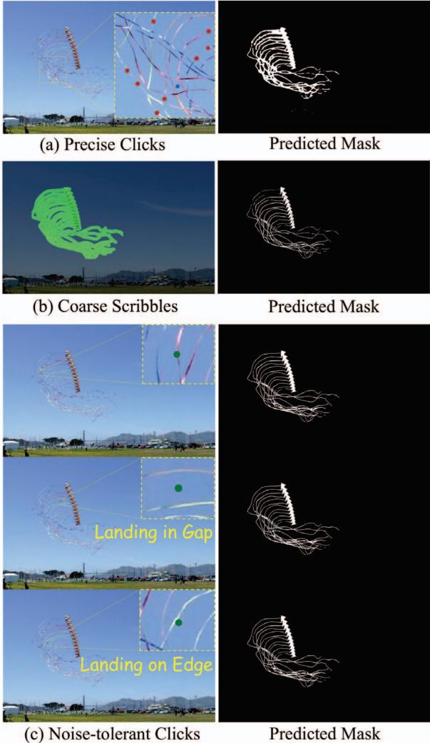 Comparison of interaction forms: Precise Clicks vs. Coarse Scribbles vs. Noise-tolerant Clicks.