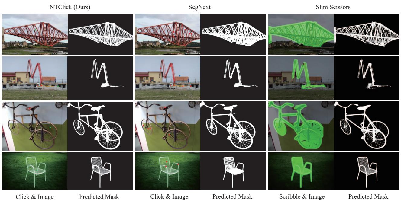 Visual comparison showing NTClick accurately segmenting thin structures where other models fail.