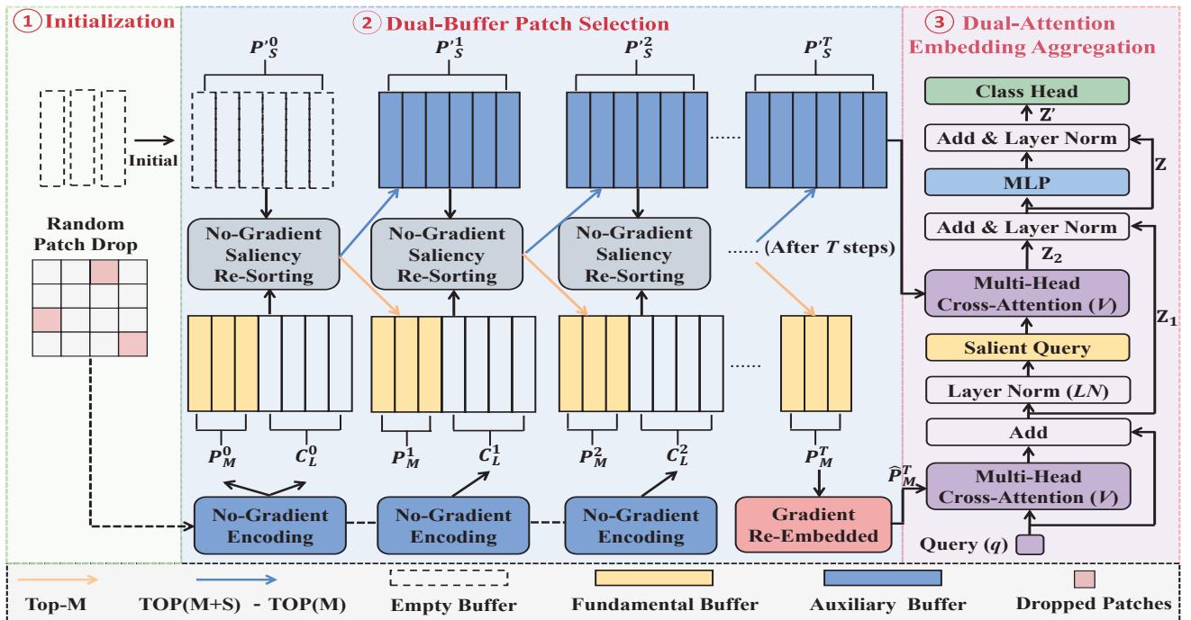 Figure 2. The pipeline of the proposed method. Step 1: Initialization and Random Patch Drop. Step 2: Iterative Dual-Buffer Selection in no-gradient mode. Step 3: Gradient-based aggregation where salient patches optimize the encoder, and sub-salient patches provide context.