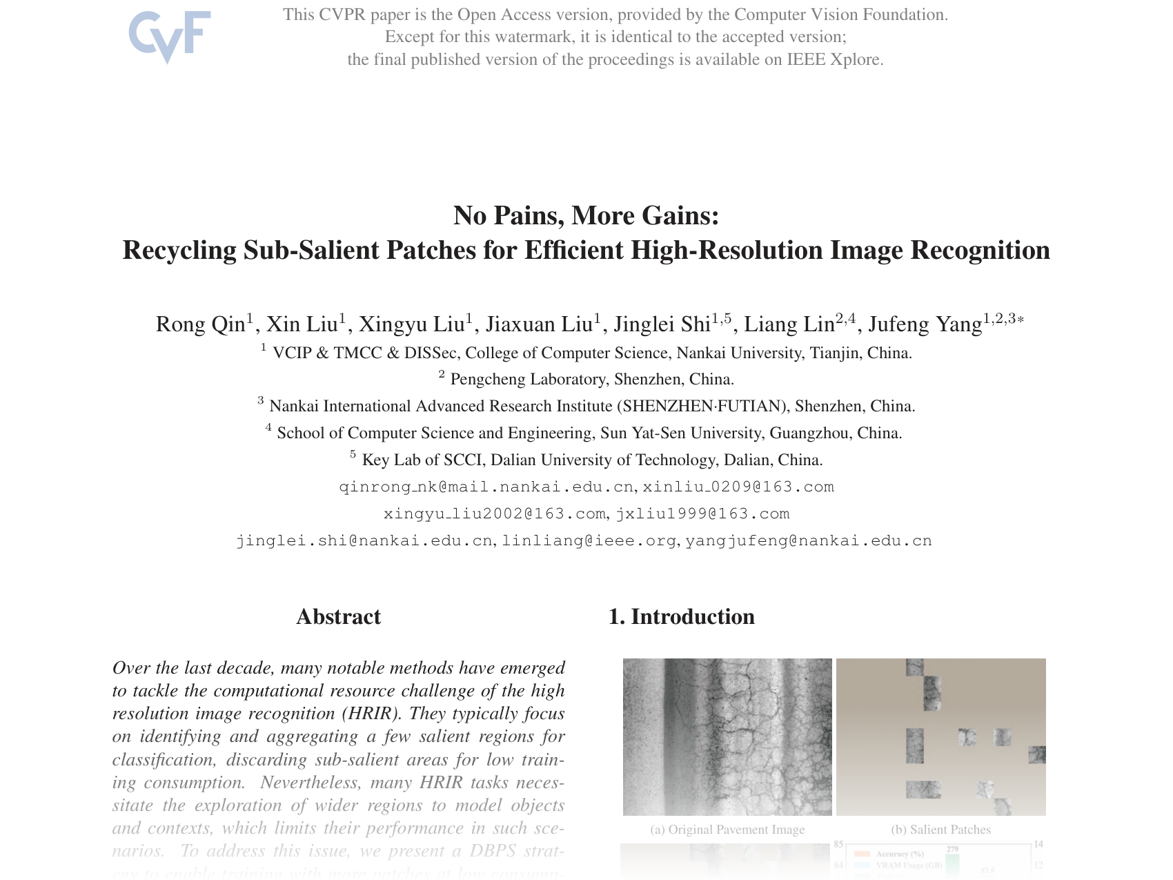 [No Pains, More Gains: Recycling Sub-Salient Patches for Efficient High-Resolution Image Recognition 🔗](https://openaccess.thecvf.com/content/CVPR2025/papers/Qin_No_Pains_More_Gains_Recycling_Sub-Salient_Patches_for_Efficient_High-Resolution_CVPR_2025_paper.pdf)