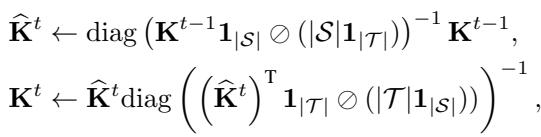 Equation showing the Sinkhorn iterative updates.