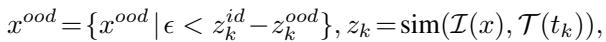 Equation for filtering OOD samples based on similarity scores.