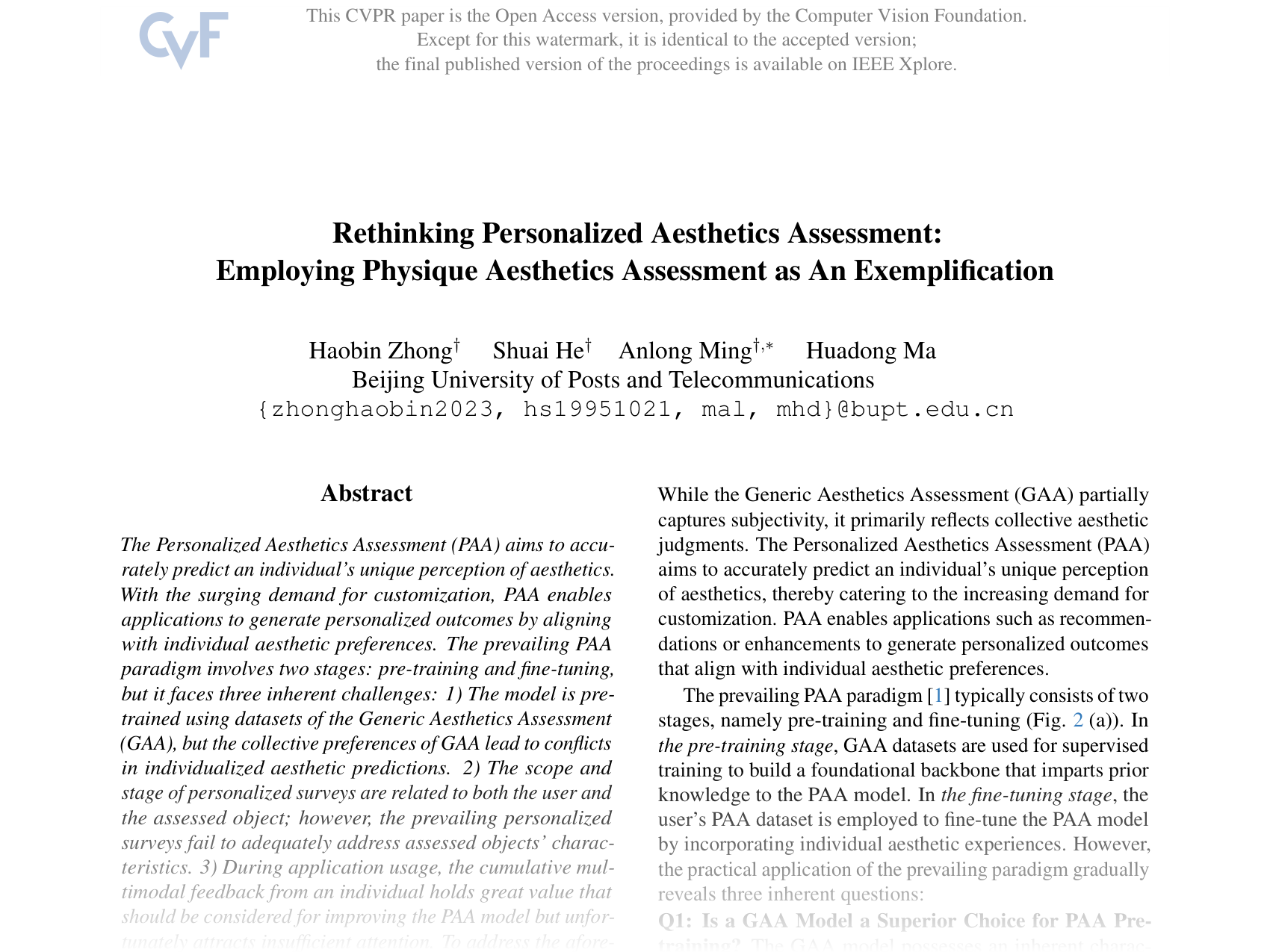 [Rethinking Personalized Aesthetics Assessment: Employing Physique Aesthetics Assessment as An Exemplification 🔗](https://openaccess.thecvf.com/content/CVPR2025/papers/Zhong_Rethinking_Personalized_Aesthetics_Assessment_Employing_Physique_Aesthetics_Assessment_as_An_CVPR_2025_paper.pdf)