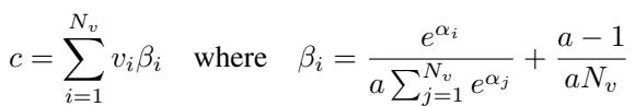 Equation 3: Parameterization of the center c using weights derived from alpha parameters.