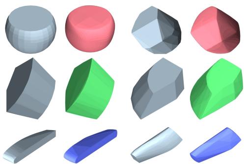 Visual results of DSF fitting on polygonal meshes. The colored shapes tightly match the gray target meshes using only 20 vertices.