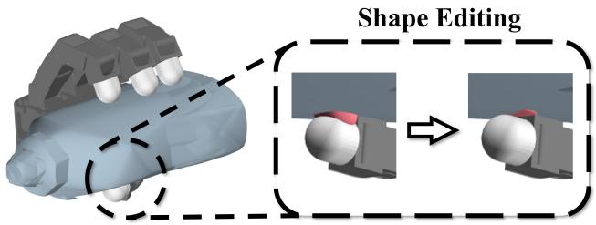 Visual example of shape editing. The red mesh shows the edited DSF deforming to accommodate the gripper.