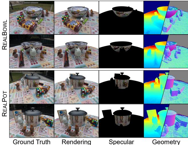 Figure 5. Reconstruction of real-world scenes (Bowl and Pot). The geometry column shows the estimated depth/normals.