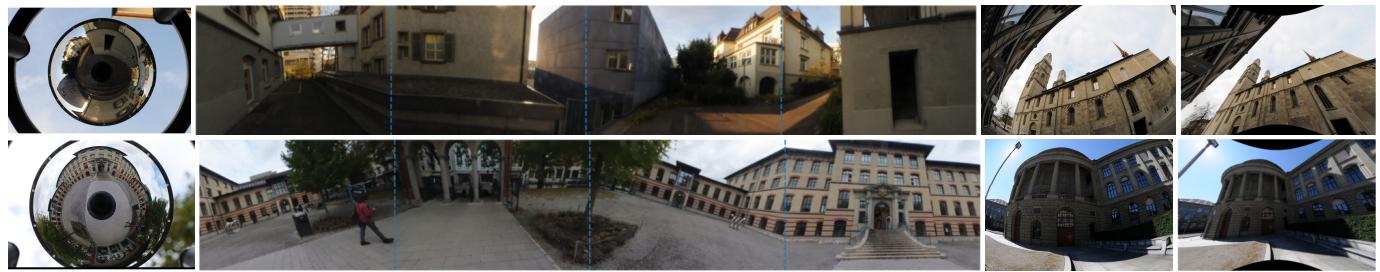 Undistortion results on catadioptric and fisheye images, transforming circular raw images into rectilinear views.