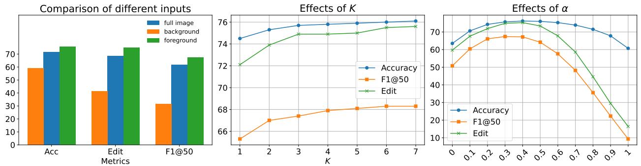 Figure 4. Ablation Studies on FAAR: (a) comparison of different inputs; (b) effects of K; (c) effects of alpha.