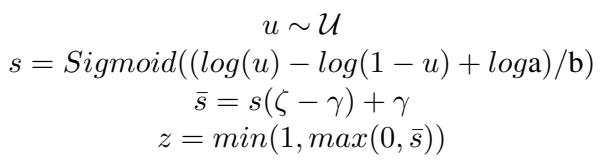 Equations describing the binary hard concrete distribution and mask generation.
