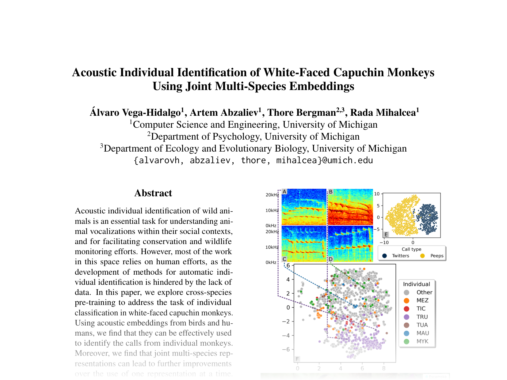 [Acoustic Individual Identification of White-Faced Capuchin Monkeys Using Joint Multi-Species Embeddings 🔗](https://aclanthology.org/2025.acl-short.51.pdf)