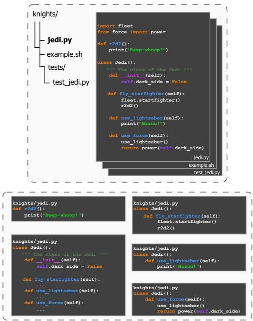 Top: Code repository before processing. Bottom: Code chunks after filtering and chunking.