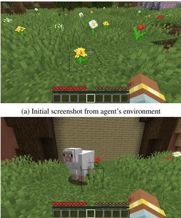 Screenshots from the can-you-do-it game. The questioner knows the task is “dye a sheep orange,” but the agent does not.