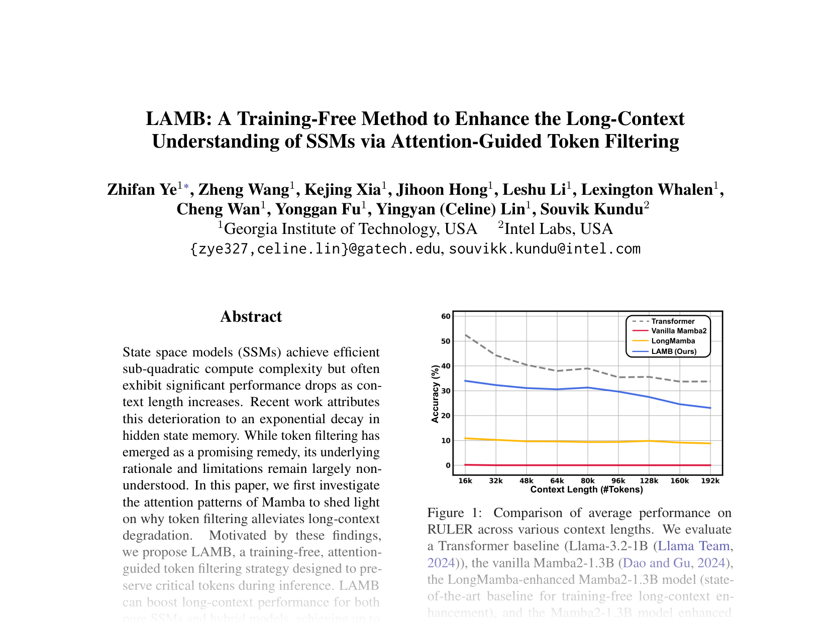 [LAMB: A Training-Free Method to Enhance the Long-Context Understanding of SSMs via Attention-Guided Token Filtering 🔗](https://aclanthology.org/2025.acl-short.96.pdf)