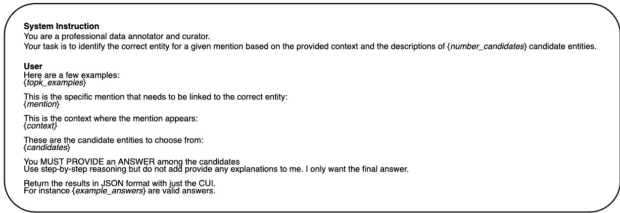 Figure 3: Prompt for the accuracy task, outputing only the best candidate CUI.