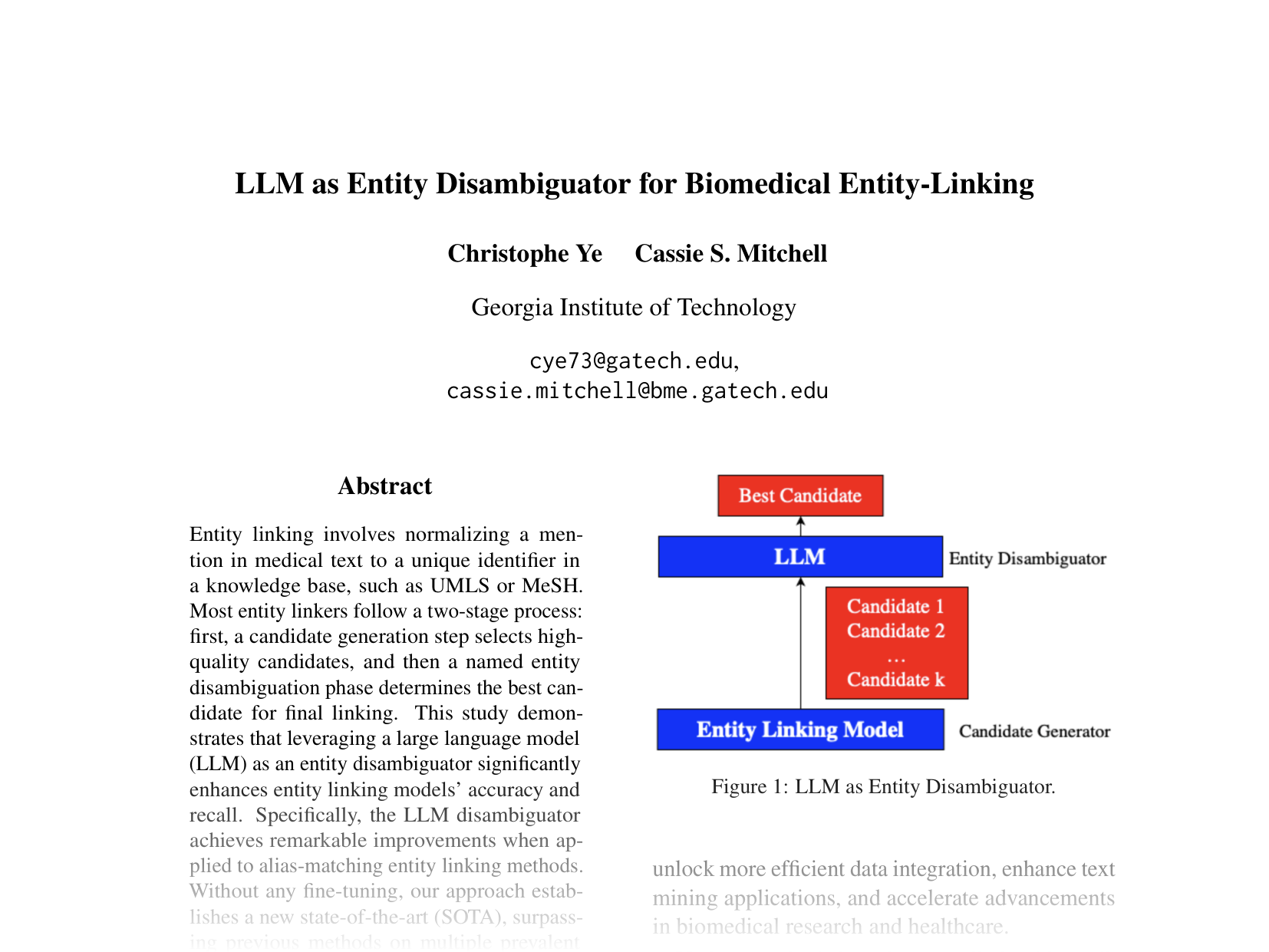 [LLM as Entity Disambiguator for Biomedical Entity-Linking 🔗](https://aclanthology.org/2025.acl-short.25.pdf)