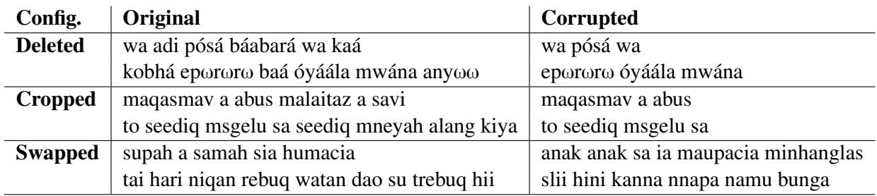 Table 2: Examples of input uttrances and their corruptions from the three corruption configurations.