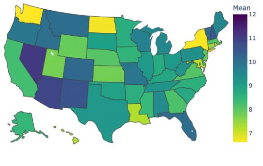 图 2: 每个州检测到的平均用户级政治不容忍比例 (范围在 7-12% 之间) 。