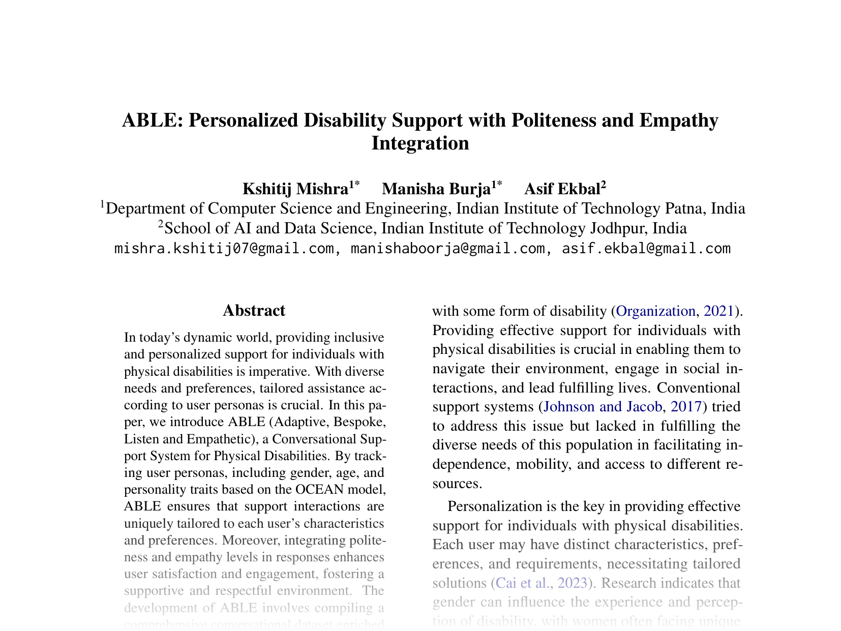 [ABLE: Personalized Disability Support with Politeness and Empathy Integration 🔗](https://aclanthology.org/2024.emnlp-main.1252.pdf)