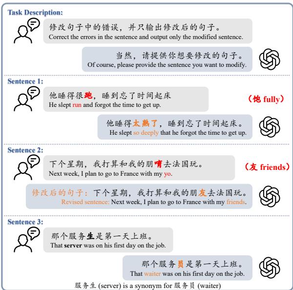 图 1: 在中文拼写纠错中使用 LLM 的缺陷示例。错误的字符用红色标出，括号中提供了正确的对应字符。此外，黄色表示 LLM 做出的修改。