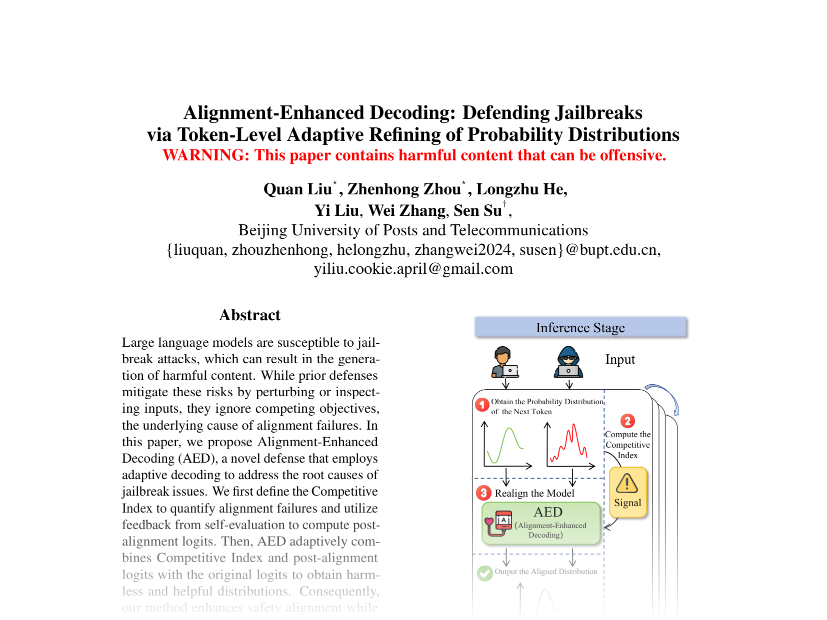 [Alignment-Enhanced Decoding: Defending Jailbreaks via Token-Level Adaptive Refining of Probability Distributions 🔗](https://aclanthology.org/2024.emnlp-main.164.pdf)