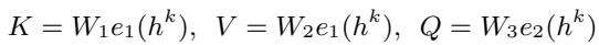 使用权重 W 定义键、值和查询矩阵的方程。