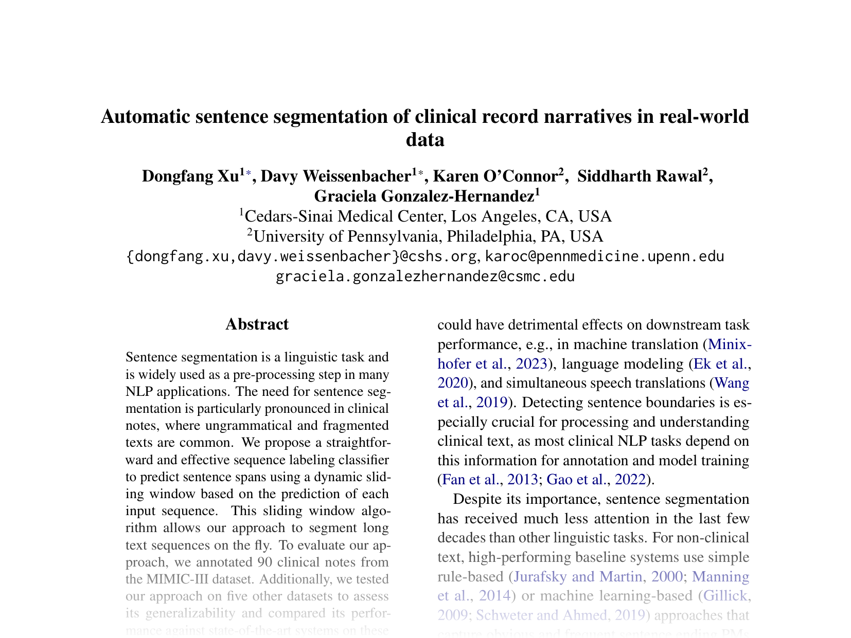 [Automatic sentence segmentation of clinical record narratives in real-world data 🔗](https://aclanthology.org/2024.emnlp-main.1156.pdf)