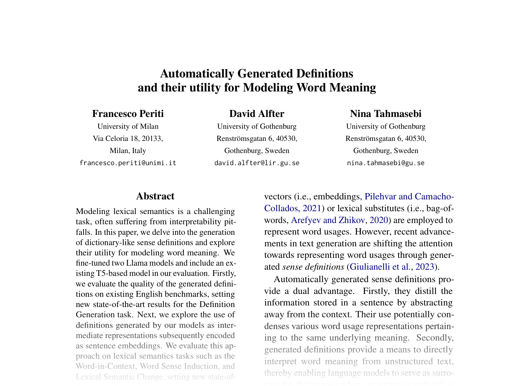 [Automatically Generated Definitions and their utility for Modeling Word Meaning 🔗](https://aclanthology.org/2024.emnlp-main.776.pdf)