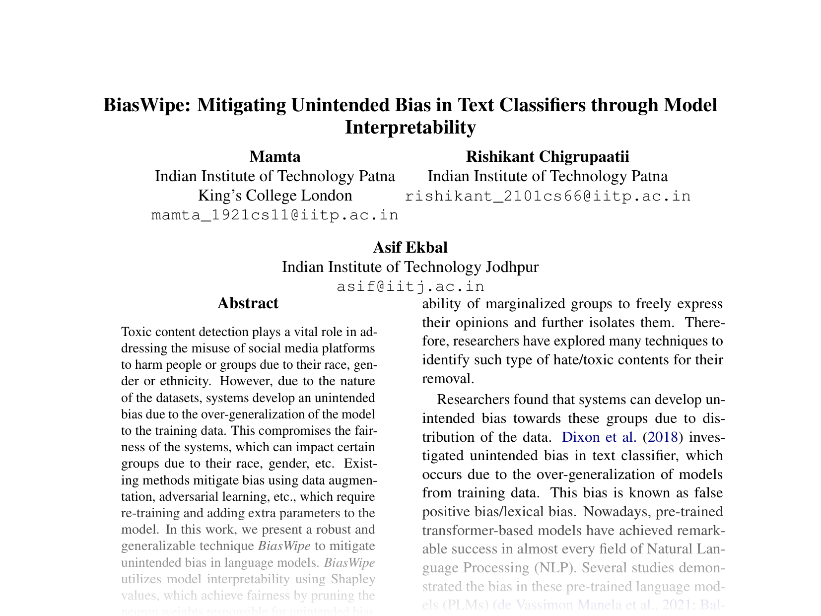 [BiasWipe: Mitigating Unintended Bias in Text Classifiers through Model Interpretability 🔗](https://aclanthology.org/2024.emnlp-main.1172.pdf)