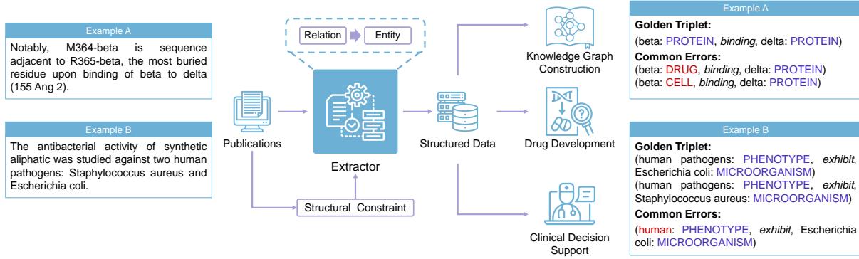 自动从生物医学出版物中提取实体和关系。示例 A 展示了有歧义的实体,示例 B 展示了令人困惑的嵌套生物医学专有名词。
