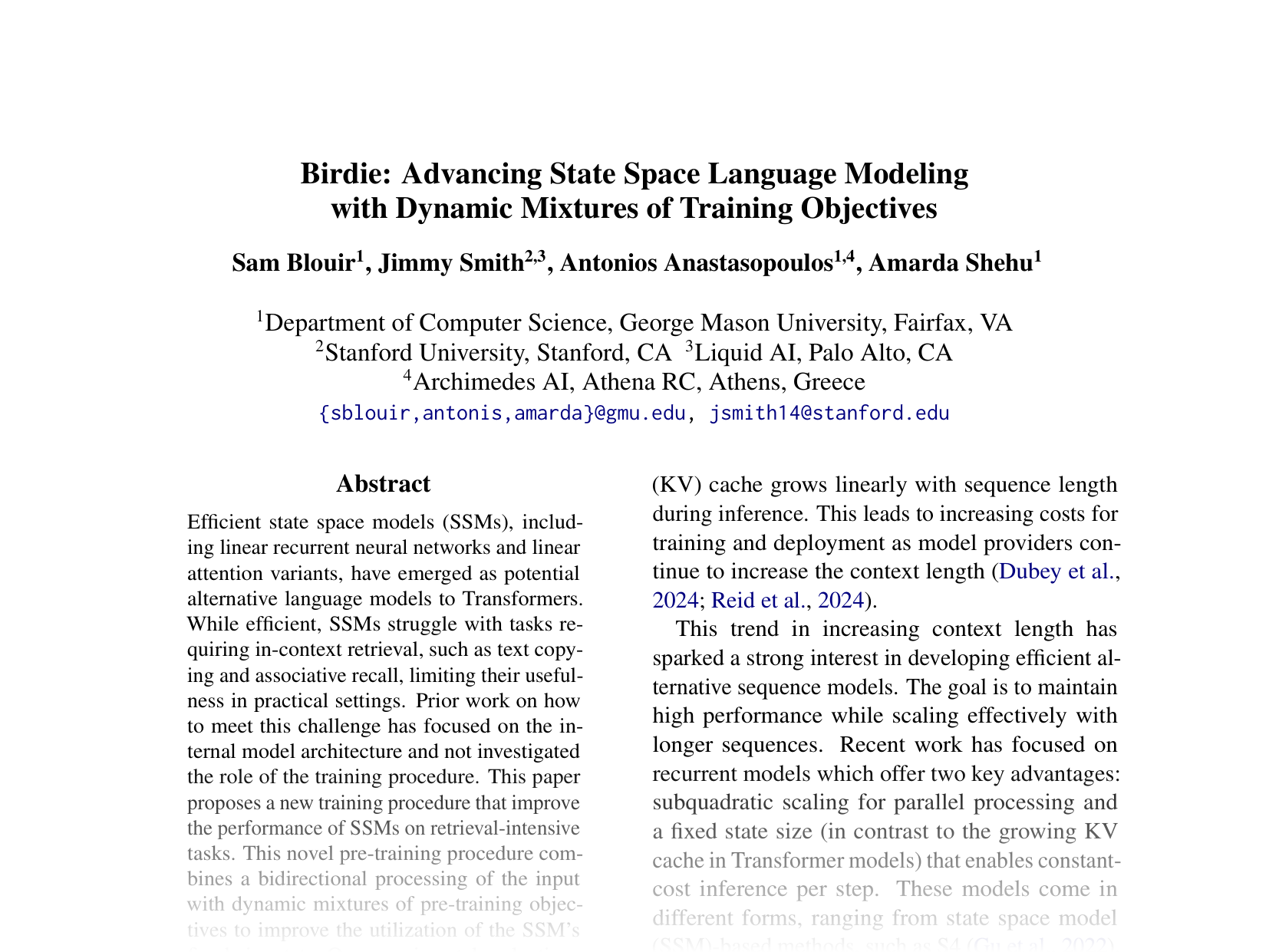 [Birdie: Advancing State Space Language Modeling with Dynamic Mixtures of Training Objectives 🔗](https://aclanthology.org/2024.emnlp-main.541.pdf)