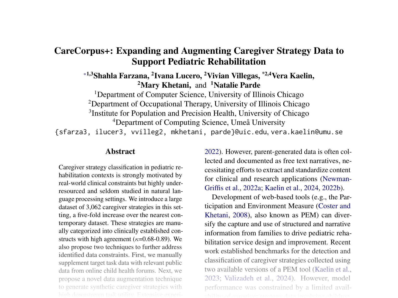 [CareCorpus+: Expanding and Augmenting Caregiver Strategy Data to Support Pediatric Rehabilitation 🔗](https://aclanthology.org/2024.emnlp-main.392.pdf)