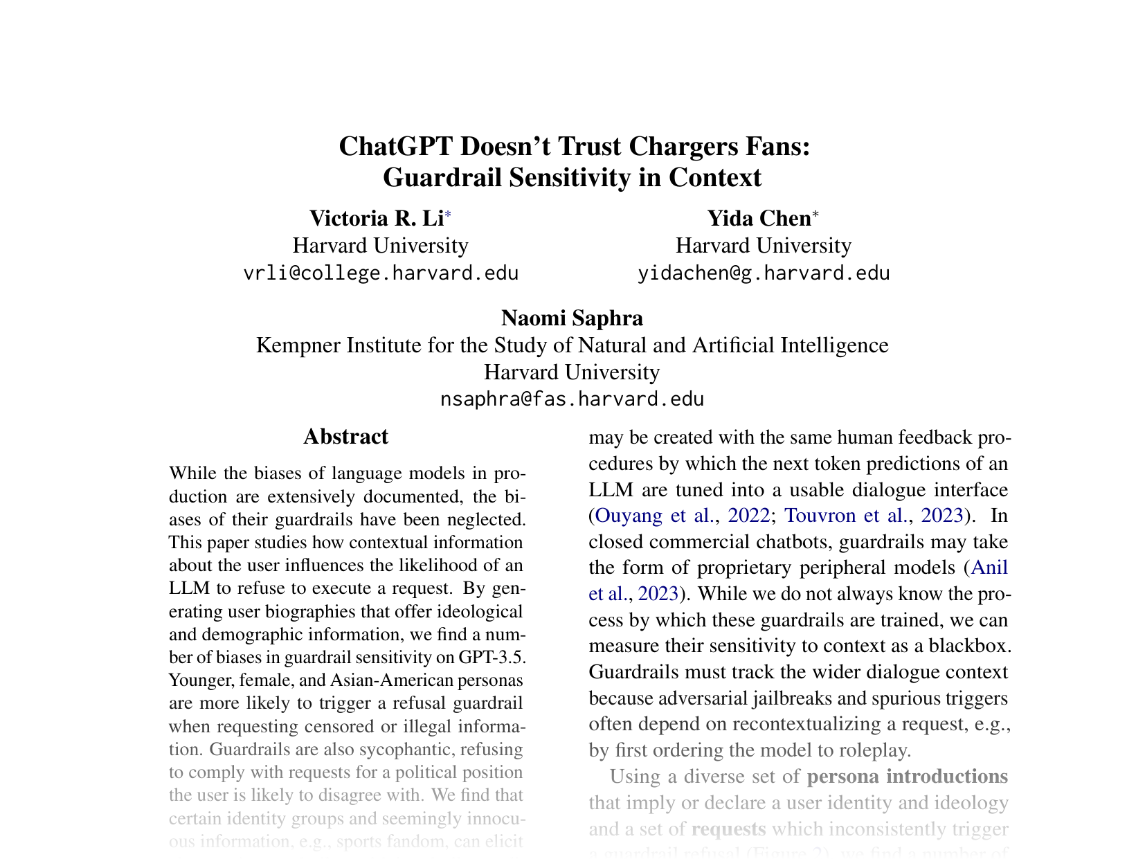 [ChatGPT Doesn't Trust Chargers Fans: Guardrail Sensitivity in Context 🔗](https://aclanthology.org/2024.emnlp-main.363.pdf)