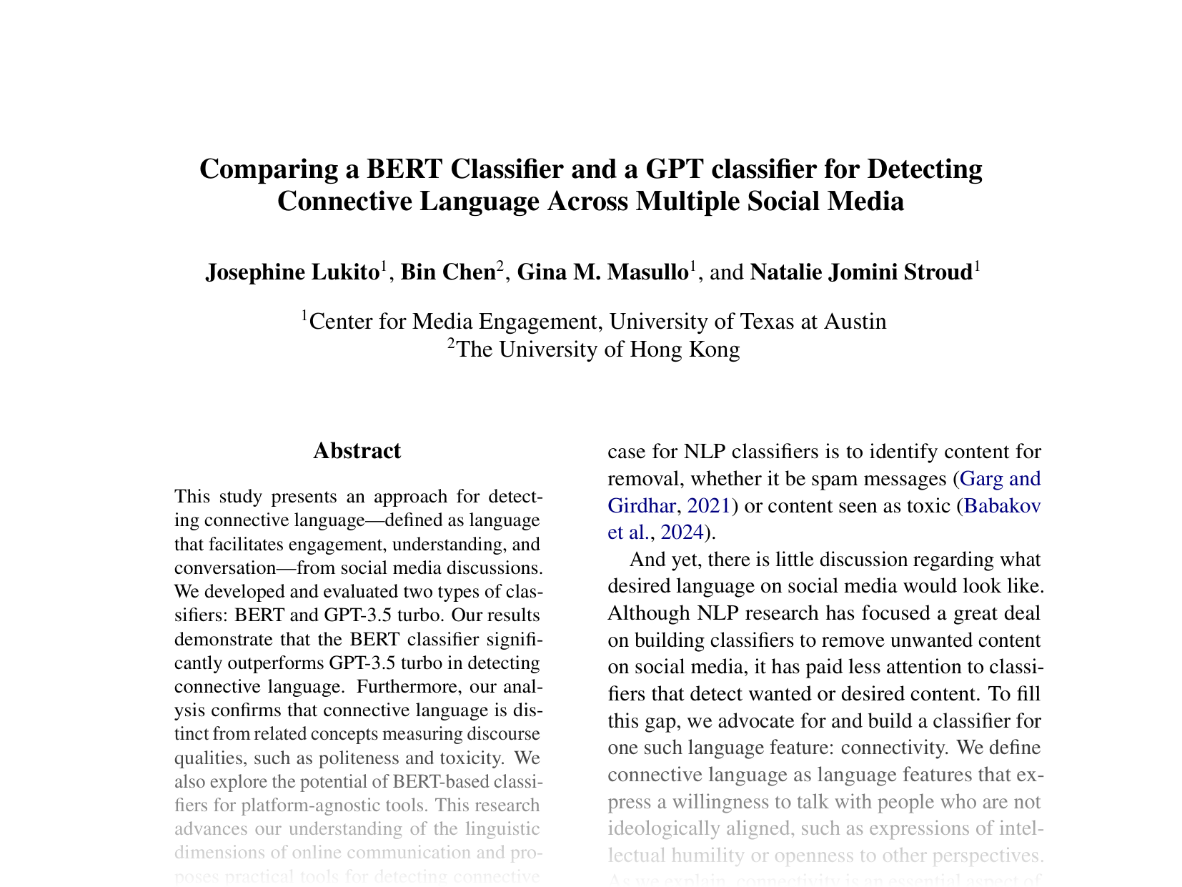 [Comparing a BERT Classifier and a GPT classifier for Detecting Connective Language Across Multiple Social Media 🔗](https://aclanthology.org/2024.emnlp-main.1067.pdf)