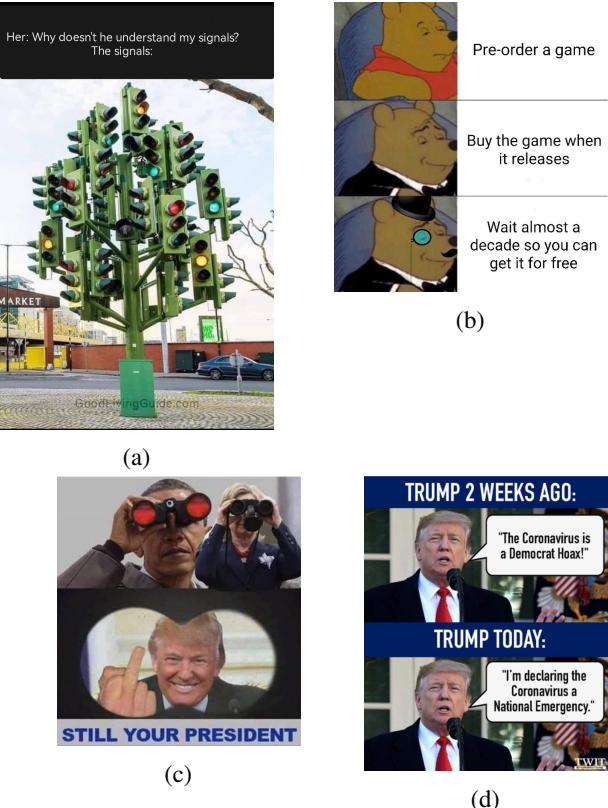 图 2: 示例模因来自 (a,b) MemeCap (Hwang and Shwartz, 2023)，(c) SemEval-2021-T6 (Dimitrov et al., 2021)，和 (d) ExHVV (Sharma et al., 2023)