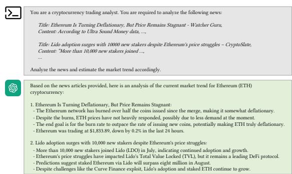 图 5: 新闻分析师示例。该智能体消化新闻标题，以提供对市场情绪和外部因素的定性评估。