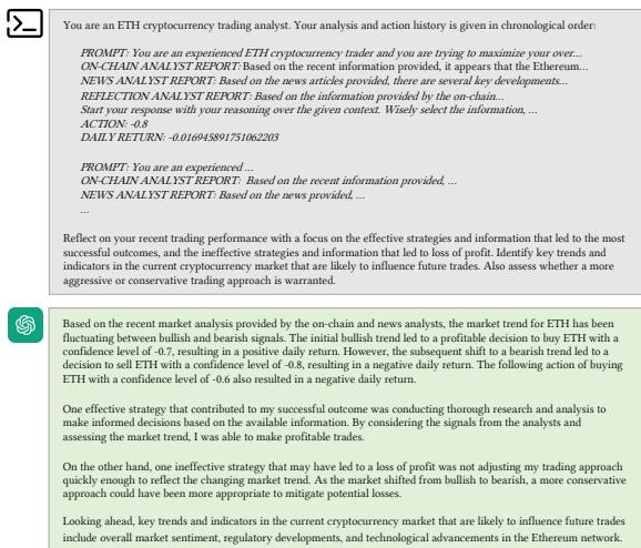 图 7: 反思分析师示例。该智能体回顾过去的表现，找出做对或做错的地方，为未来的交易建立反馈循环。