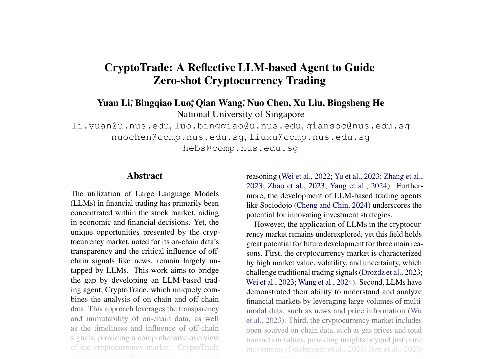[CryptoTrade: A Reflective LLM-based Agent to Guide Zero-shot Cryptocurrency Trading 🔗](https://aclanthology.org/2024.emnlp-main.63.pdf)