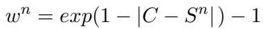 公式 5: 基于熟练度 C 和难度 S 的接近程度计算实例权重 w 的公式。