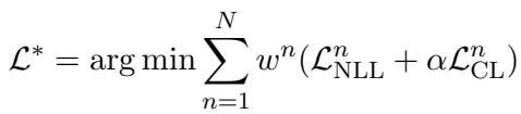 公式 6: 将动态权重 w 整合到标准 NLL 和 CL 损失中的最终损失函数。