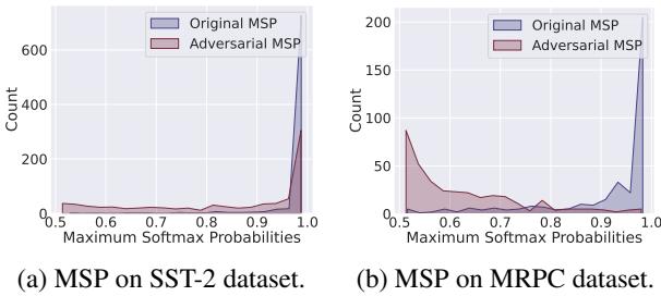 关于 MSP 的原始数据与 BERT-Attack 生成的对抗性数据之间分布偏移的可视化。