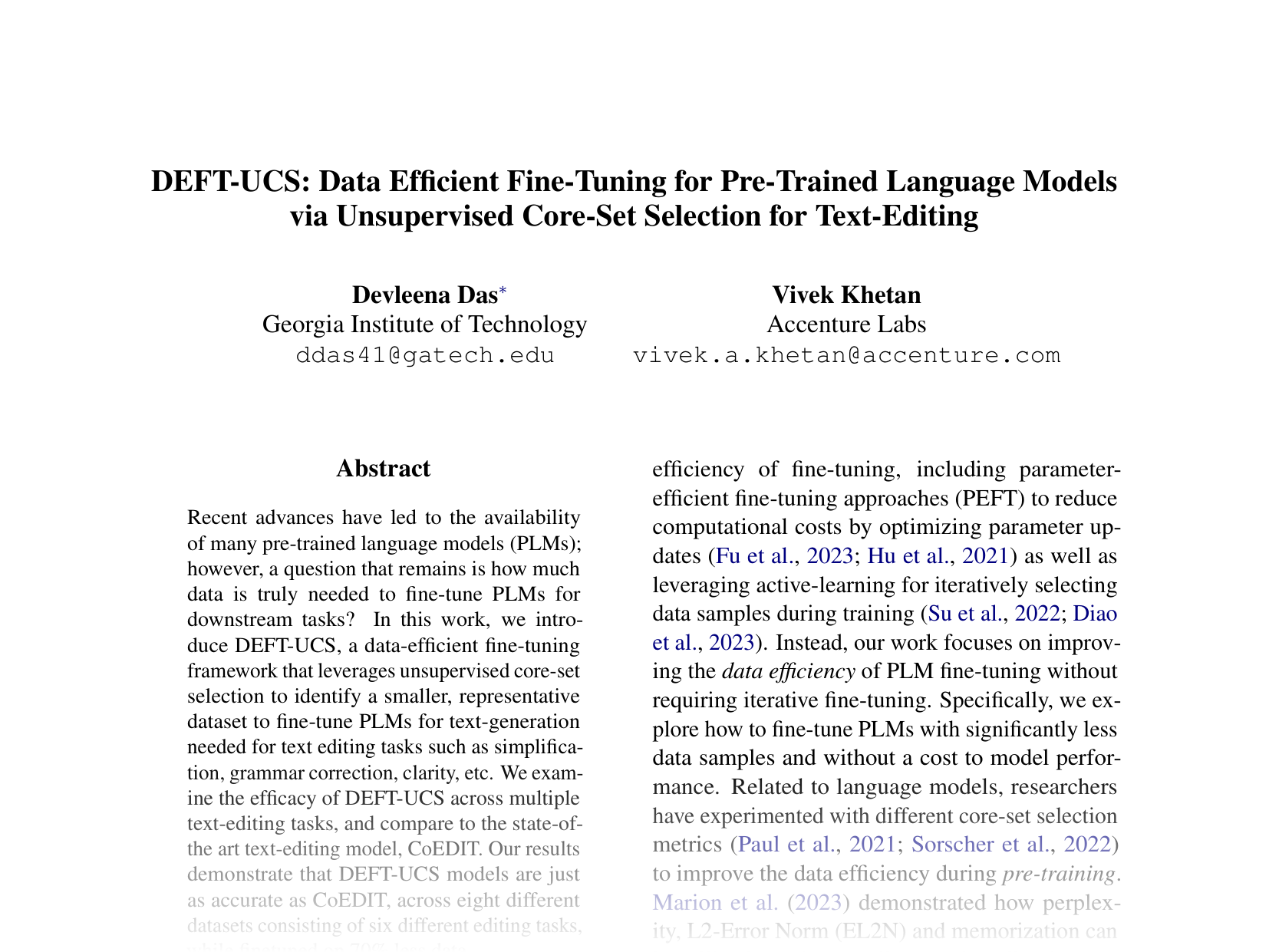 [DEFT-UCS: Data Efficient Fine-Tuning for Pre-Trained Language Models via Unsupervised Core-Set Selection for Text-Editing 🔗](https://aclanthology.org/2024.emnlp-main.1132.pdf)